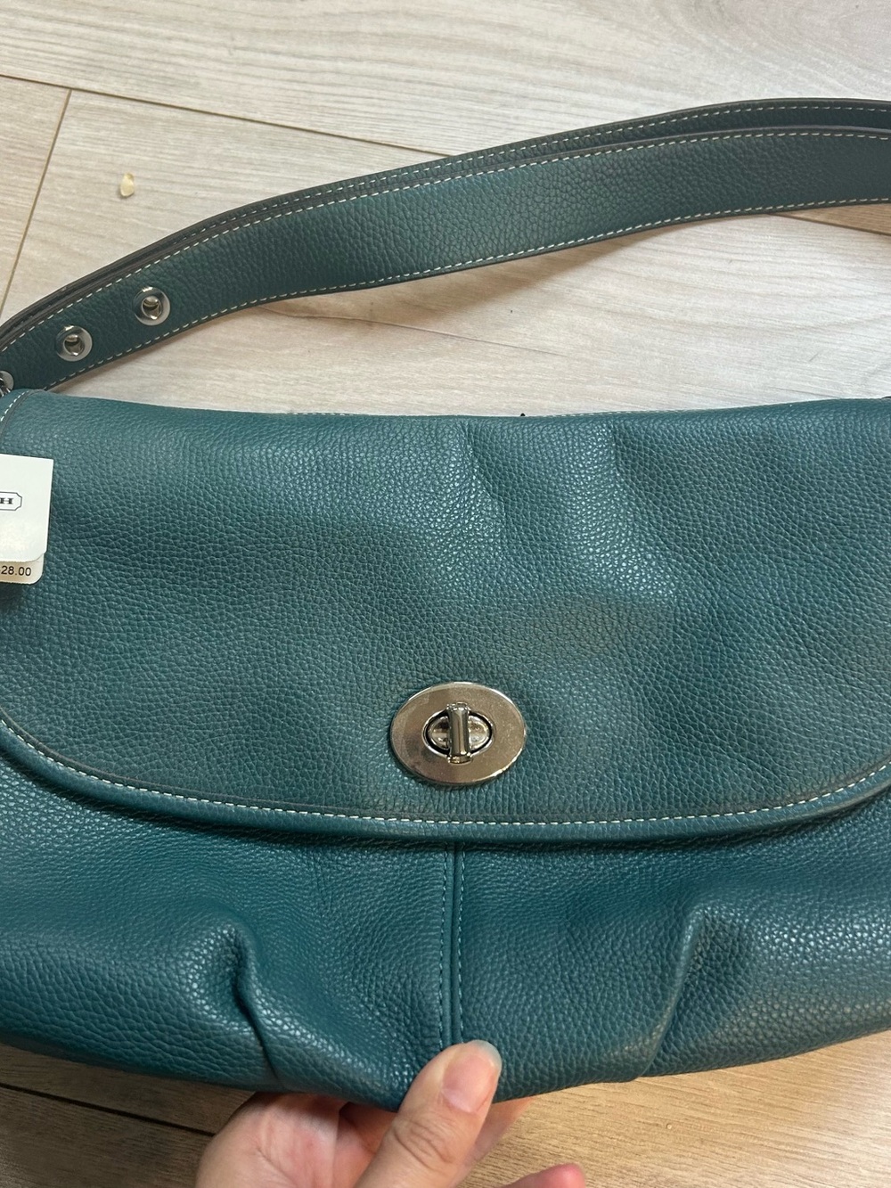Coach Teal Pebbled Leather Shoulder Bag with Turn-Lock